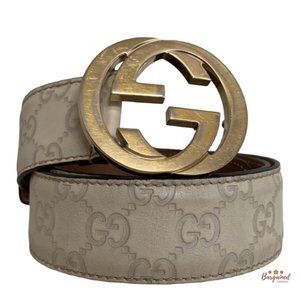 Authentic Gucci Cream Guccissima Leather Gold Interlocking G Buckle Belt 85/34